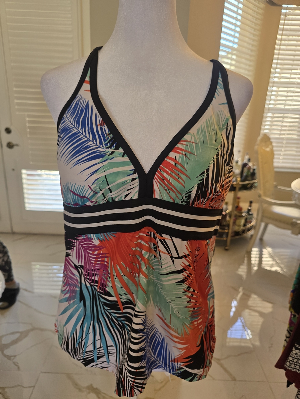 Tropical Multicolor V-Neck Women’s Swim Camisole with Black Trim